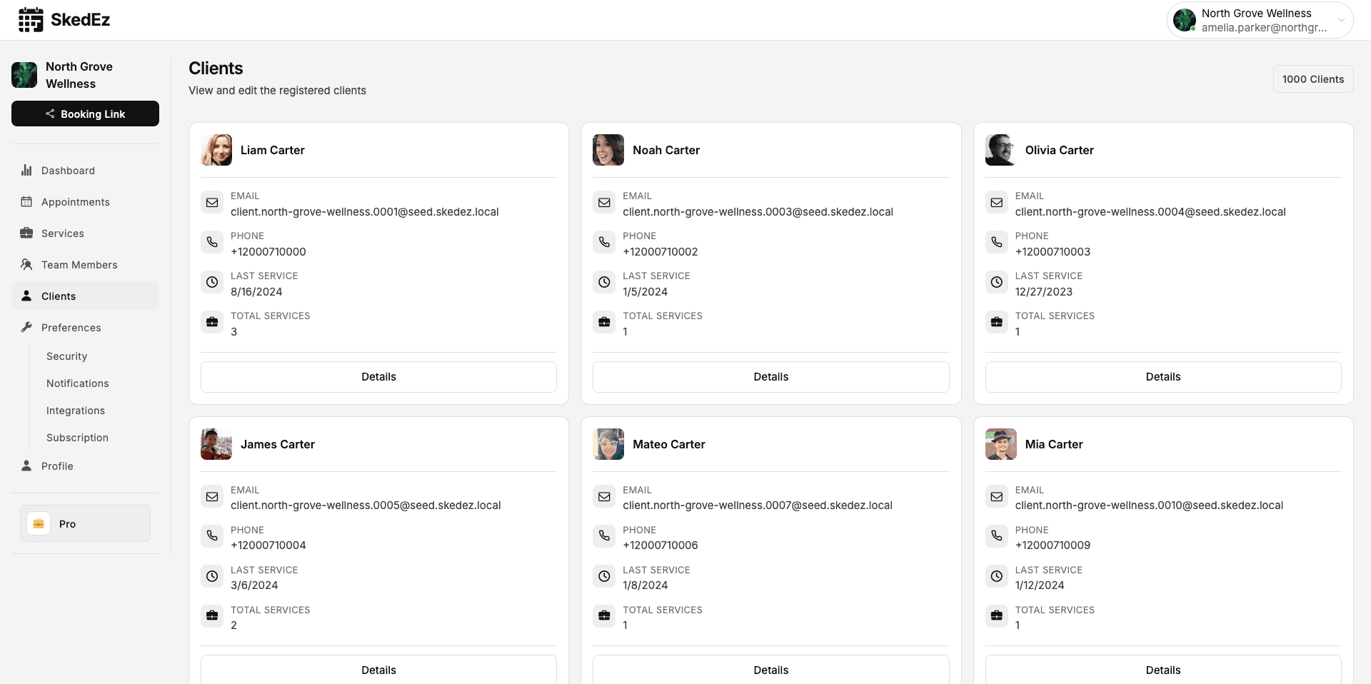 Screenshot of the SkedEz client list with contact details and booking history