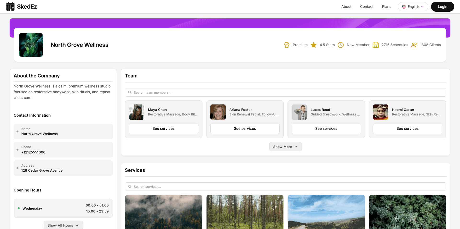 Screenshot of a business's public SkedEz booking page with services and available times