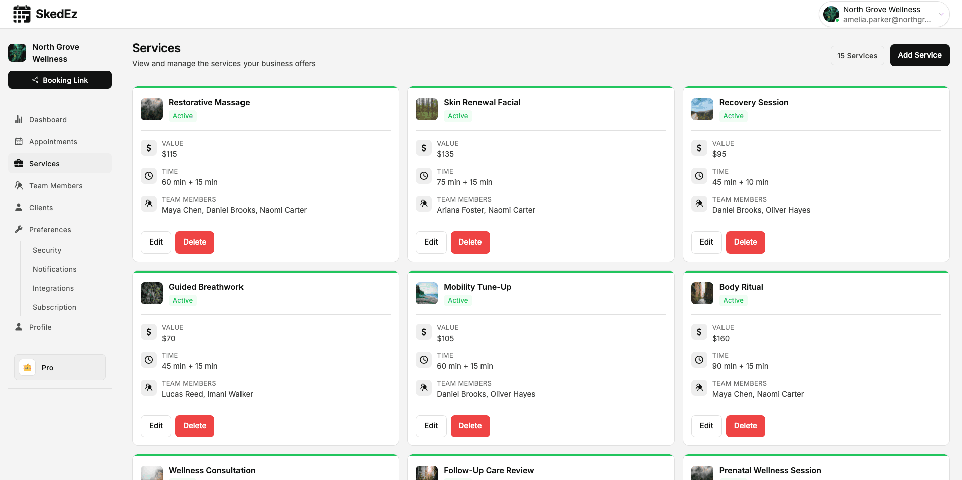 Service list with durations in SkedEz