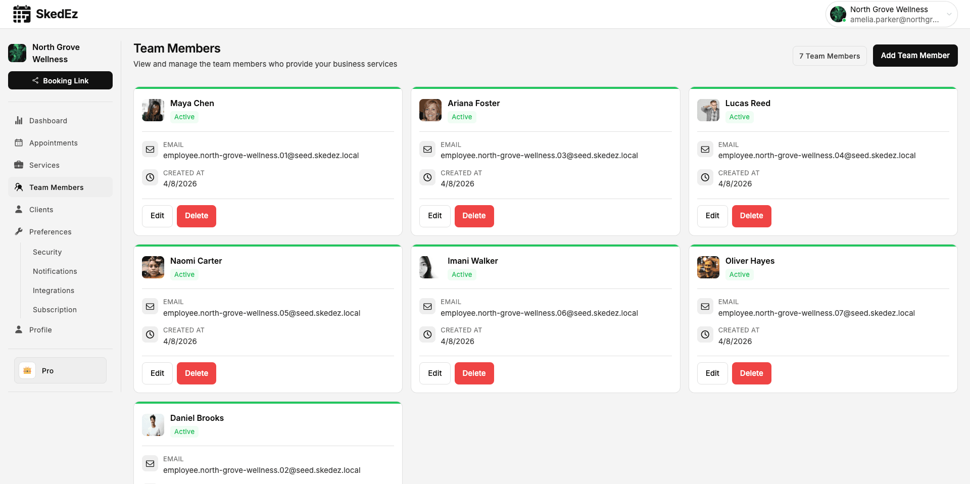Screenshot of the SkedEz team page with staff members and their working hours